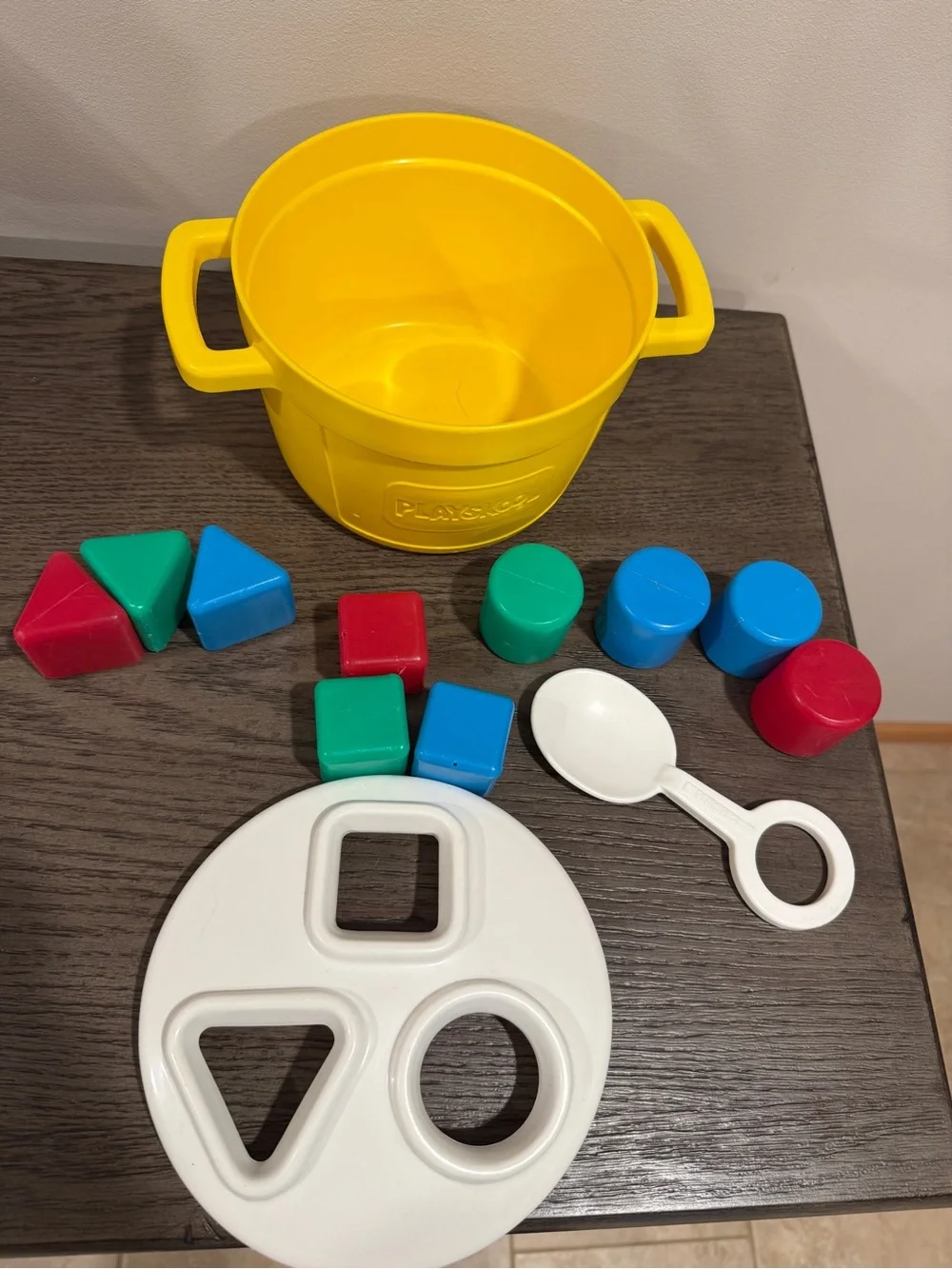 Vintage 1991 Playskool Yellow Pot Toy Shape Sorter, 10 Blocks Included